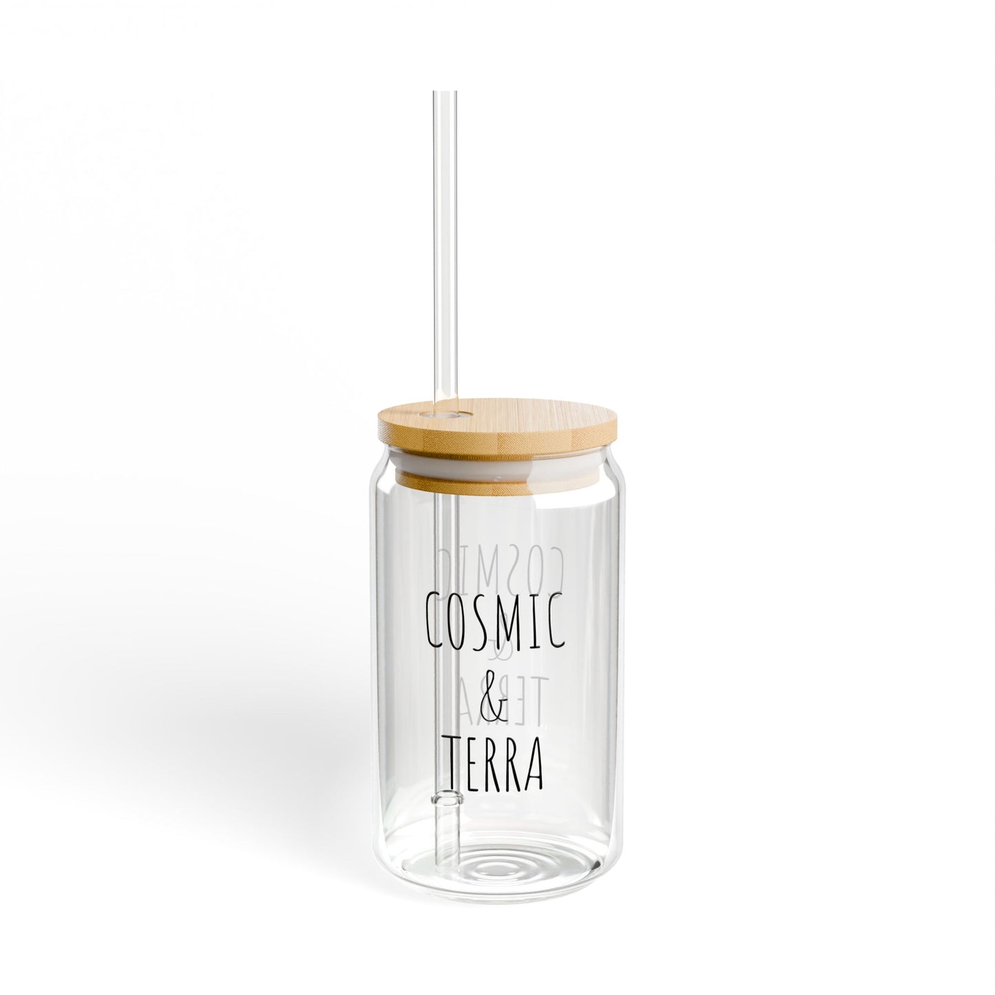 Vaso para beber Cosmic & Terra, 16 oz - Tarro de cristal transparente ecológico con tapa de bambú y pajita, perfecto para bebidas de verano, regalos de boda, etc.