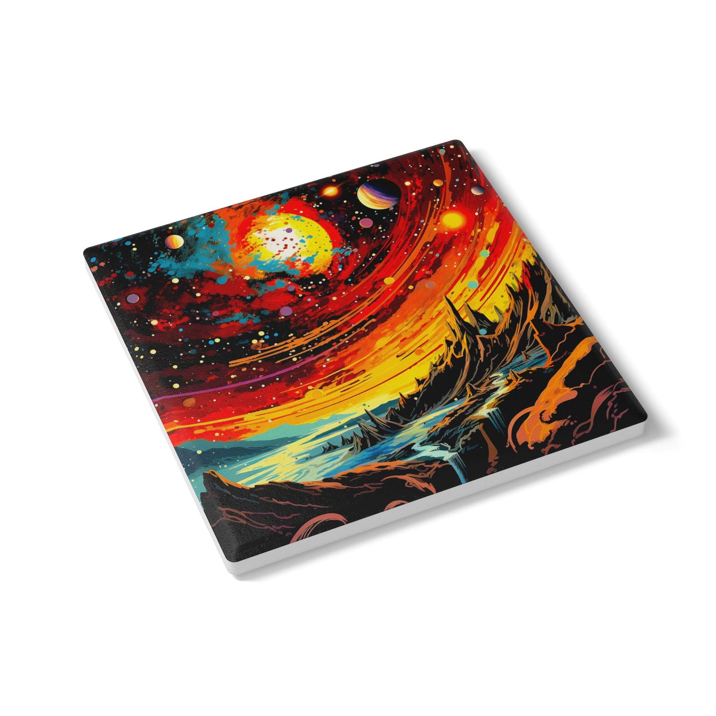 Vibrant Cosmic Ceramic Coaster, Space Art Drinkware, Unique Housewarming Gift, Sci-Fi Home Decor, Galaxy Themed Tableware