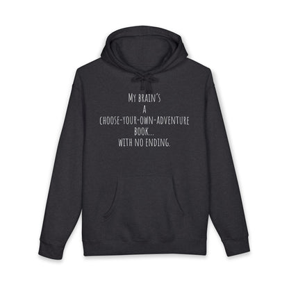 ADHD Cat Hoodie — Cute Blue Cat Graphic & 'My Brain's a Choose-Your-Own-Adventure Book' Quote