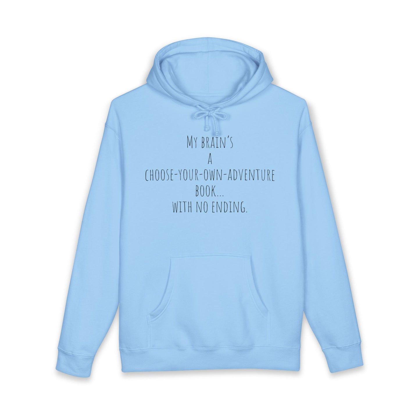 ADHD Cat Hoodie — Cute Blue Cat Graphic & 'My Brain's a Choose-Your-Own-Adventure Book' Quote