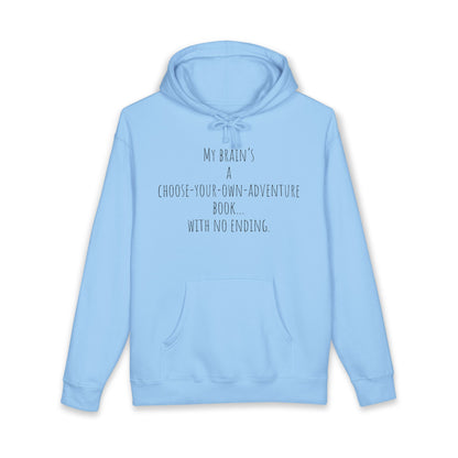 ADHD Cat Hoodie — Cute Blue Cat Graphic & 'My Brain's a Choose-Your-Own-Adventure Book' Quote