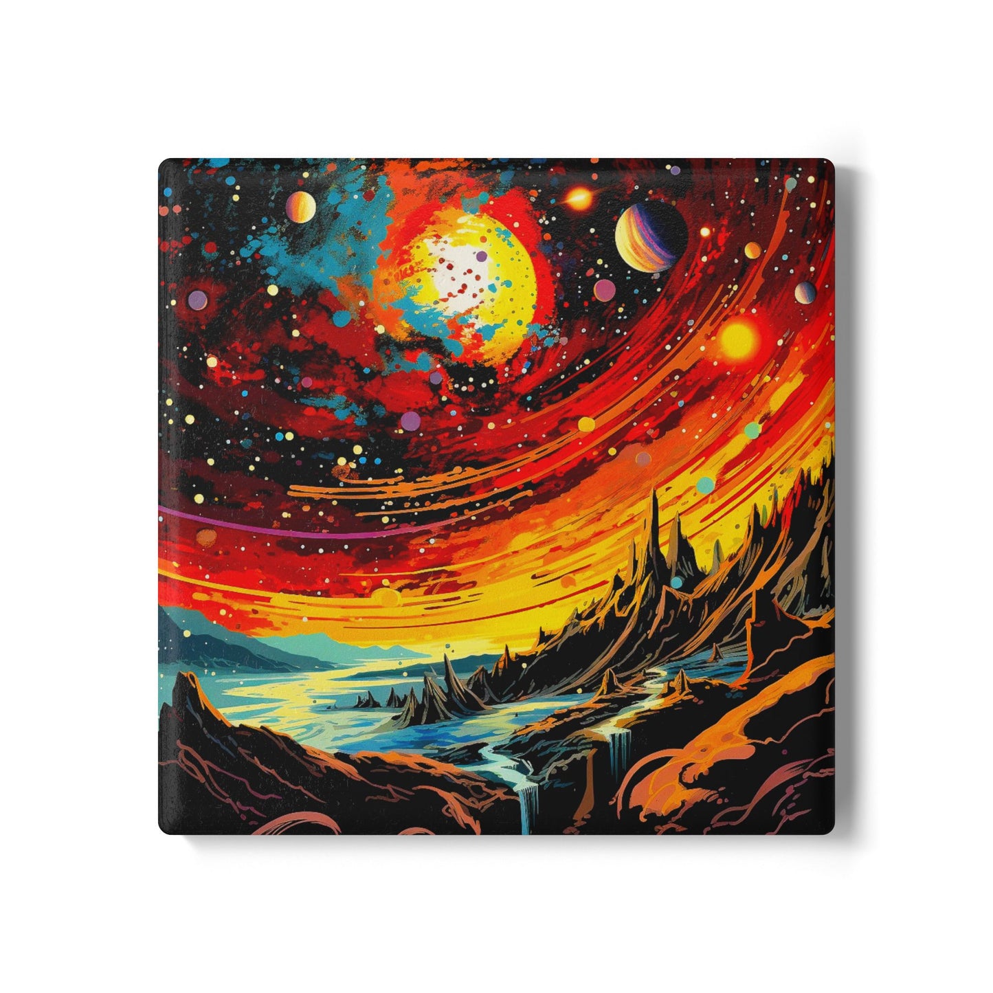 Vibrant Cosmic Ceramic Coaster, Space Art Drinkware, Unique Housewarming Gift, Sci-Fi Home Decor, Galaxy Themed Tableware
