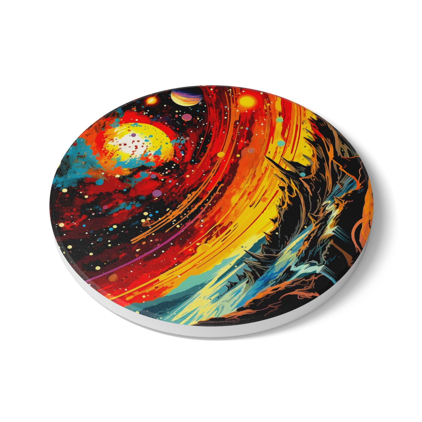 Vibrant Cosmic Ceramic Coaster, Space Art Drinkware, Unique Housewarming Gift, Sci-Fi Home Decor, Galaxy Themed Tableware
