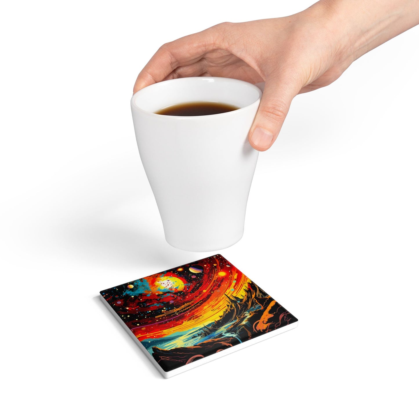 Vibrant Cosmic Ceramic Coaster, Space Art Drinkware, Unique Housewarming Gift, Sci-Fi Home Decor, Galaxy Themed Tableware
