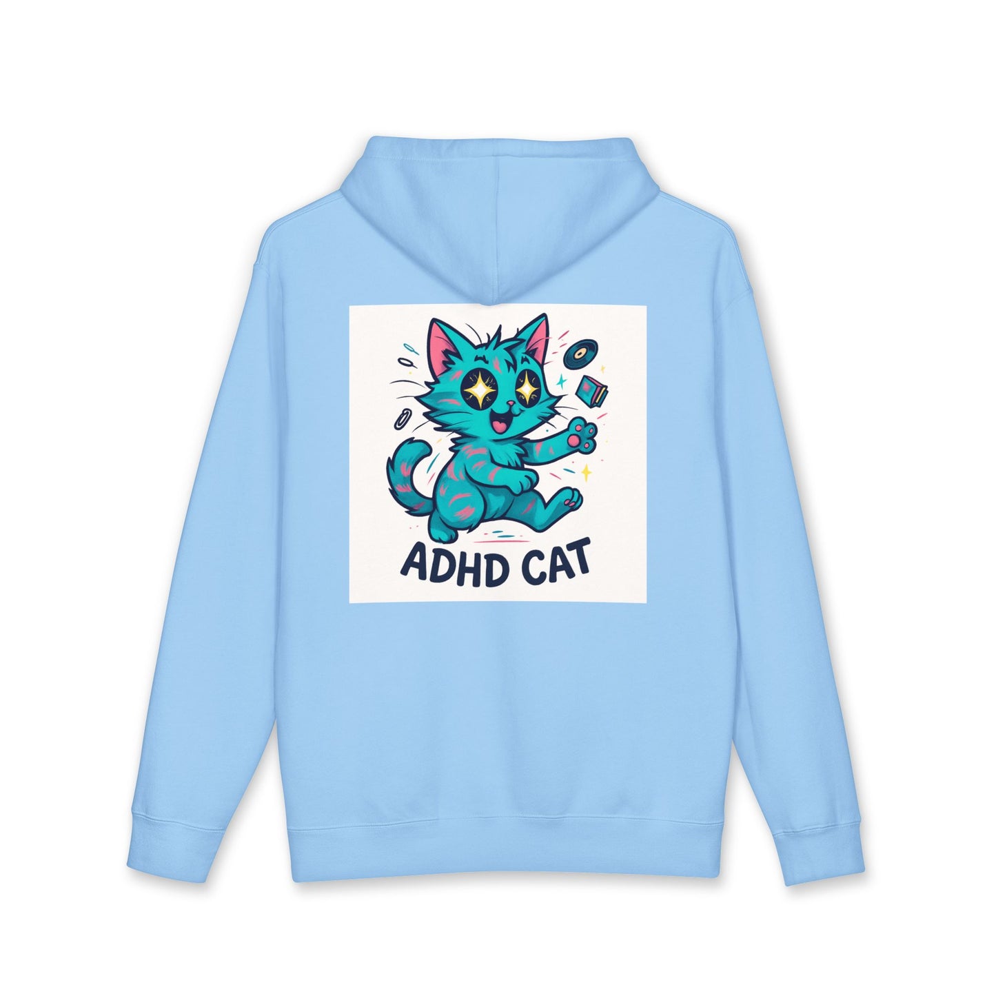 ADHD Cat Hoodie — Cute Blue Cat Graphic & 'My Brain's a Choose-Your-Own-Adventure Book' Quote
