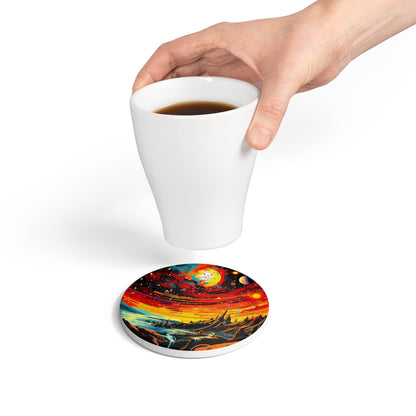 Vibrant Cosmic Ceramic Coaster, Space Art Drinkware, Unique Housewarming Gift, Sci-Fi Home Decor, Galaxy Themed Tableware