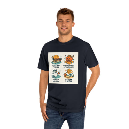 Seasonal Smiles Tee — Grill & Thrill, Pumpkin Spice & Punchlines, Sleigh All Day, Bloom & Boom